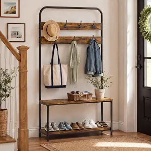 YESHOMY Hall Tree with Bench and Shoe Storage, Rustic Brown