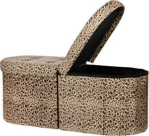 AmasSmile Oval Ottoman Storage Bench,34" Leather Folding Chest,Leopard