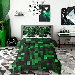 Manfei Pixelated Miners Game Kids Comforter Set Twin Size,Geometric Check Video Games Bedding,Gamepad Camo Grid Decor for Girls Boys,Black Green���Fitted+Sheet+2 Pillowcases+2 Throw Pillow Covers���