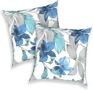 Outdoor 16x16 Inch Throw Pillow Covers Set of 2, All Weather Square Pillow Cases, Patio Cushion Pillow of Home Furniture Use, Clemens Noir Blue