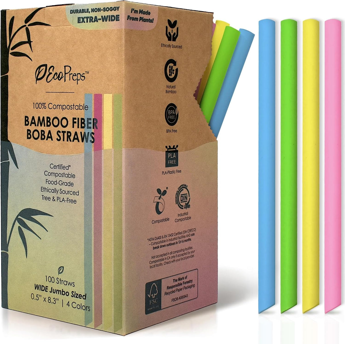 EcoPreps Extra-Wide Bamboo Fiber Boba Straws, Biodegradable Smoothie Straws