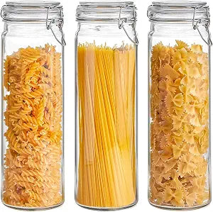 ComSaf Tall Glass Pasta Containers with Airtight Lids 68 oz 3 Pack Canister