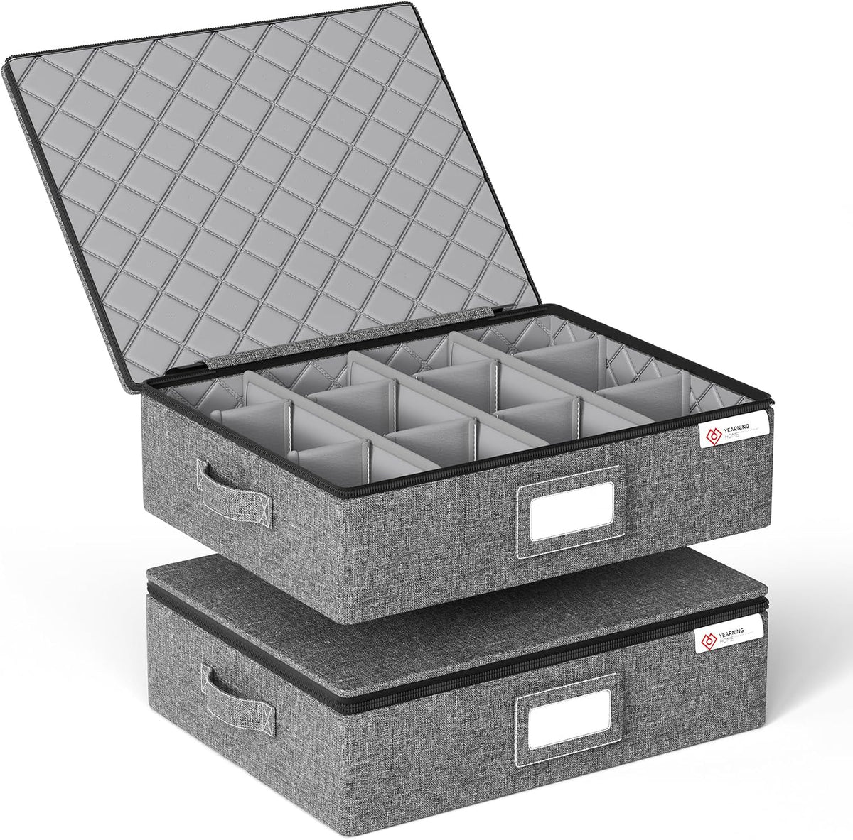 YearningHome Cup and Mug Storage Box 2 Pack with Hard Shell and Dividers for Coffee Mugs,Tea Cups and Glasses,Stackable Storage Organizers with Lid,Handles,Zips and Label for Moving,Holds 24, Grey