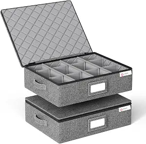 YearningHome Cup and Mug Storage Box 2 Pack with Hard Shell and Dividers for Coffee Mugs,Tea Cups and Glasses,Stackable Storage Organizers with Lid,Handles,Zips and Label for Moving,Holds 24, Grey