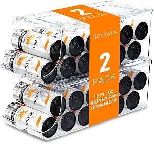 SCAVATA 2 Pack Skinny Can Organizer for Refrigerator, Stackable Tall Skinny Soda Pop Can Holder Dispenser with Lid for Fridge Pantry Rack Freezer, Clear Plastic Storage Bins-Holds 12 Slim Cans Each