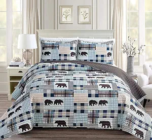 Rugs 4 Less Rustic Modern Farmhouse Cabin Lodge Stripe Quilted Bedspread Coverlet Bedding Set with Patchwork Grizzly Bears and Buffalo Plaid Check Patterns Beige Blue - Western 2 (Twin)