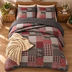 Rugs 4 Less Rustic Log Cabin Lodge Quilted Grey Charcoal Deep Red Reversible Plaid Bear Patchwork Bedspread Coverlet Bedding Set - Plaid Bear (Twin),Grey,red