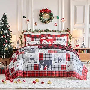 Christmas Bed in a Bag Comforter Set Holiday Style - Gingham Bedding Set with Comforter, Flat Sheet, Fitted Sheet, Pillowcases, Pillow Shams