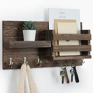 Lwenki Mail Organizer for Wall Mount  Key Holder with Shelf Includes Letter Holder and Hooks for Coats, Dog Leashes  Rustic Wood with Flush Mounting Hardware (16.5 x 8.7 x 3.5)