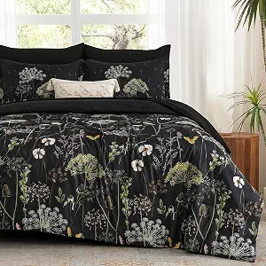 Yiran Black Queen Comforter Set Size, 7 Pieces Floral Bed in a Bag