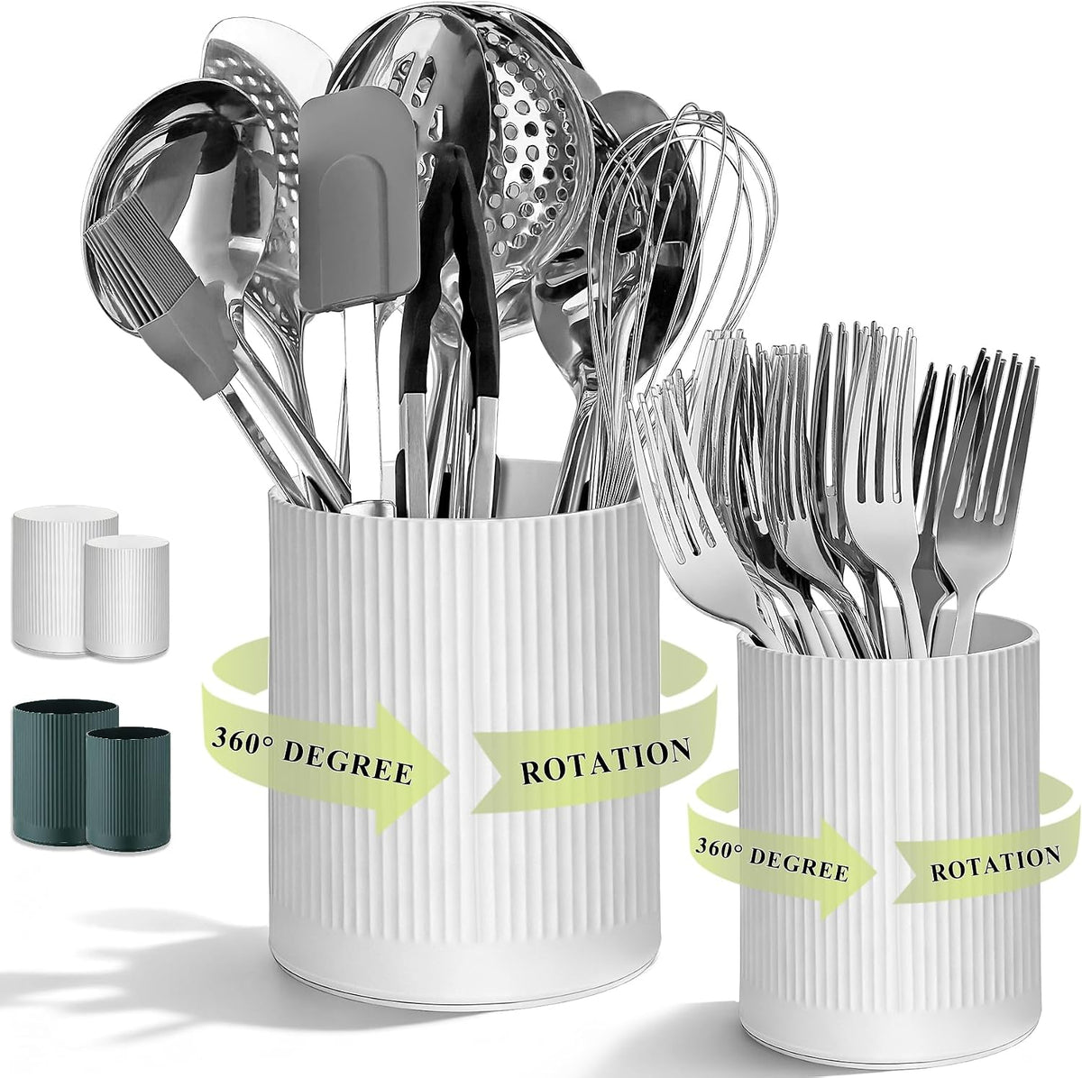 HOMQUEN 360 Rotating Utensil Holder, 6.3''+4.7'' Plastic Kitchen Utensil Holder for Countertop, Large Cooking Utensil Crocks for Kitchen Decor, Utensil Organizer for Spatula, Set of 2 (White)