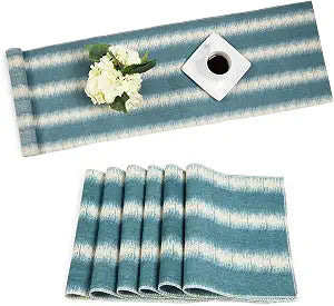 Juvale Striped Table Runner & Six-Piece Placemat Set - 14 x 72 in, 17.7 x 11.8 in Placemats, Blue & Green, 80% Cotton/20% Polyester - Coastal Table Runner & Decor