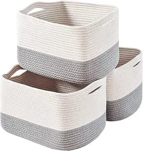 ICERZCZ Storage Baskets for Organizing Shelves, Woven Cotton Rope Bins for Baby Nursery Organization, Book Toy Towel Organizer, 15"x11"x9.5", 3 Packs, Off White & Grey