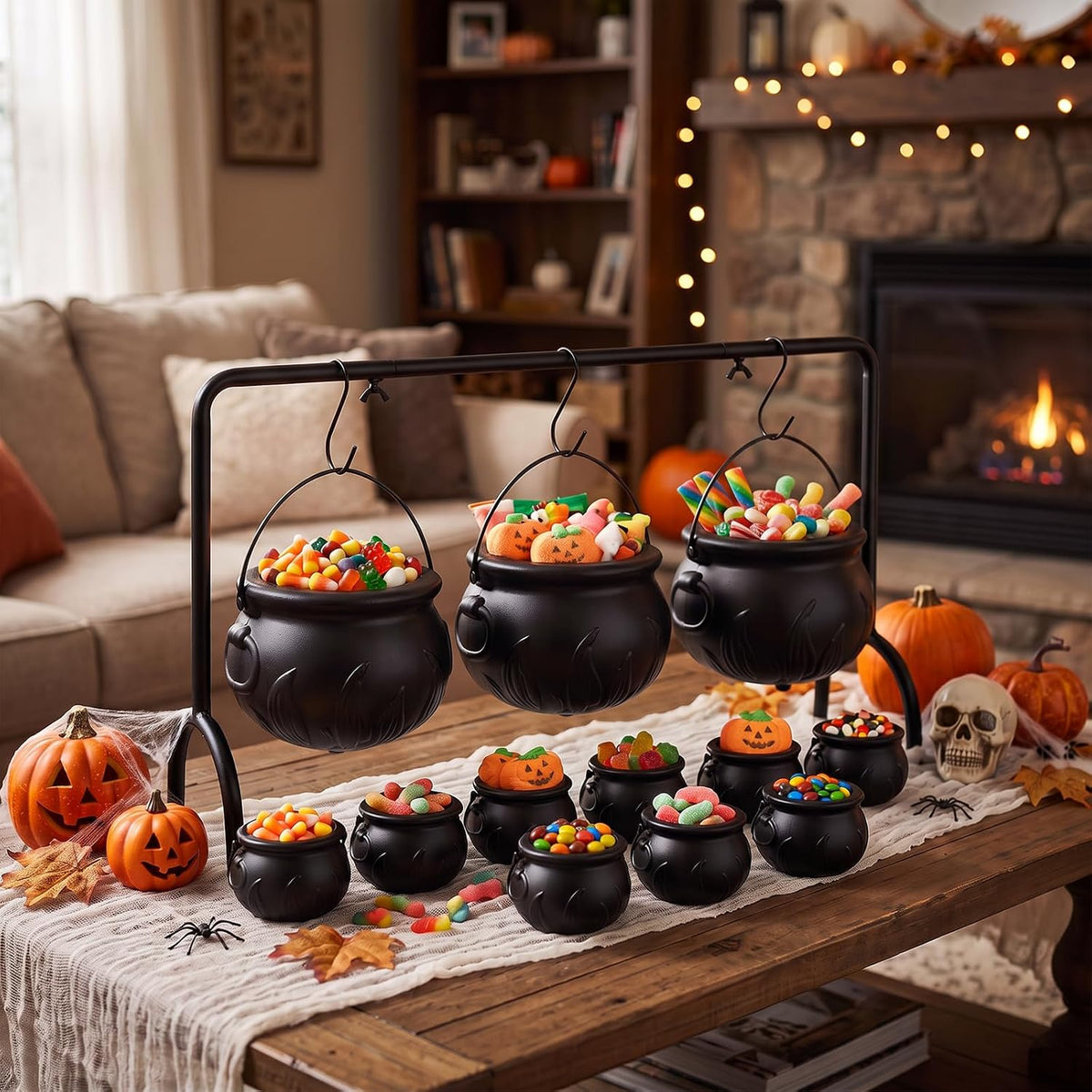 3 Pack Halloween Witches Cauldron with Metal Stand and 9 Mini Pots