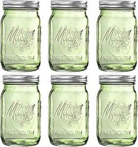 WELLIFE Mason Jars 32 oz - 6 Pack Green Large Mason Jars Wide Mouth,Glass Jar with Lid for Canning, Pickling, Food Storage, Fermenting, DIY Crafts & Decor, Reusable