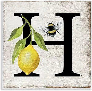 Lemon Bee Letter Farmhouse, 12 x 12 Inch Mounted Print on Wall Plaque