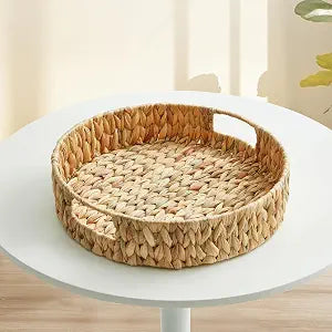 Handwoven Water Hyacinth Serving Tray, Round Decorative Tray with Handles for Coffee Table, Ottoman, Kitchen Counter, Dining Table Centerpiece & Farmhouse Decor
