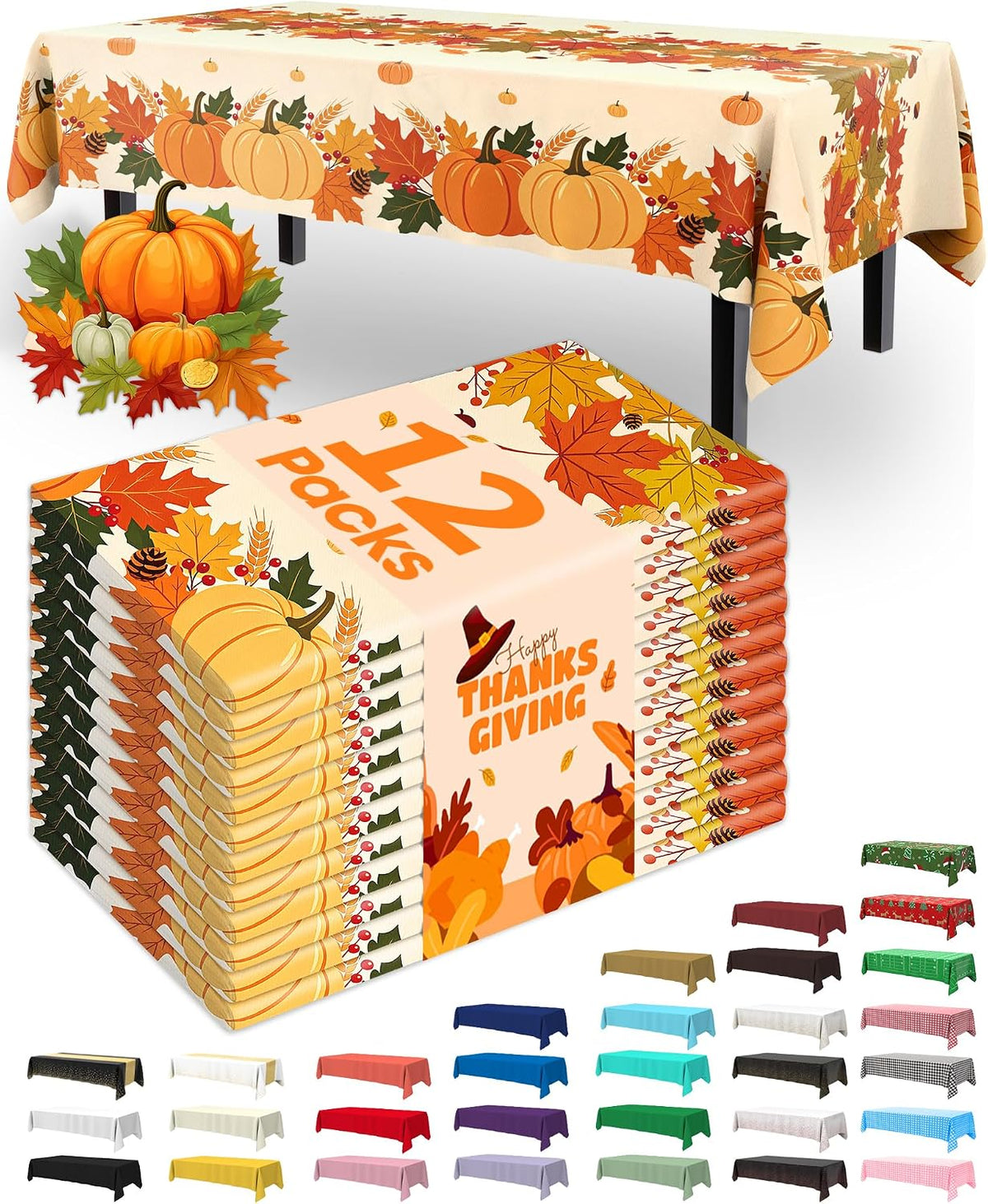 Pureegg Fall Disposable Plastic Table Cloth 12 Pack Pumpkin Harvest