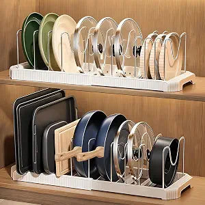 2 Pack Expandable Pots and Pans Organizer Under Cabinet, 13-22" Kitchen Cabinet Organizer with 10 Adjustable Dividers and 10Pcs Pot Protectors for Lids, Baking Sheets & Cookware (2, White)