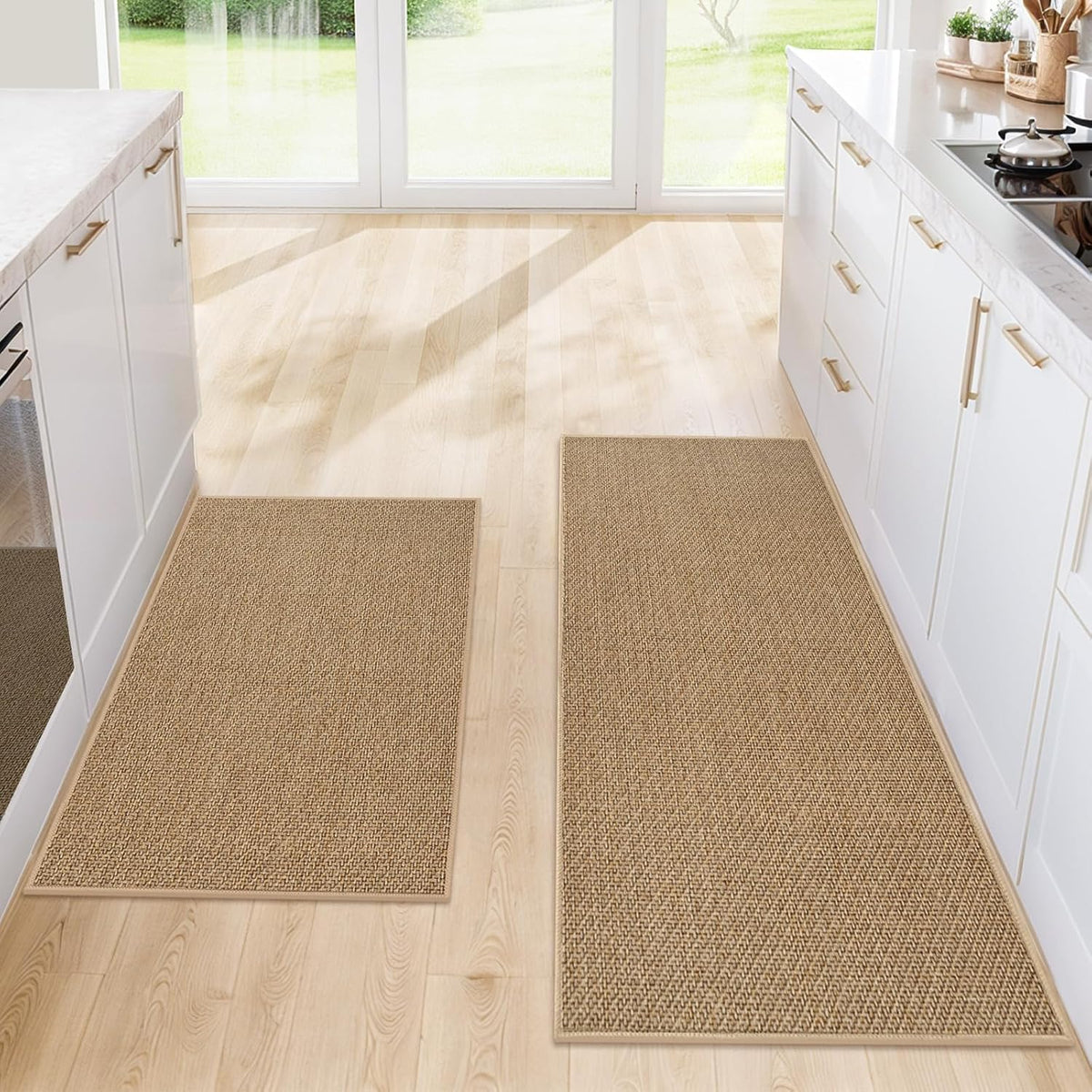 Kitchen Rugs Set of 2, Washable Floor Mats, Khaki 20x32+20x47in