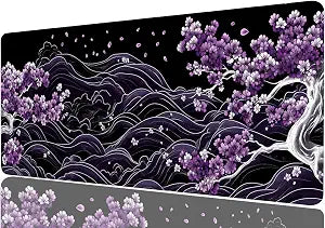 Purple Cherry Blossoms Gaming Mouse Pad, Black and White Japanese Wave Mouse Pad Large Mousepad Extended Laptop Keyboard Mat Gaming Mouse Pad, Office Computer Keyboard Laptop Home, 31.5x11.8