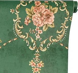 2 Pack Furniture Liners Green Royal Floral Shelf Drawer Lining Papers Self-Adhesive PVC Countertop Stickers 17.7 Inch Wide
