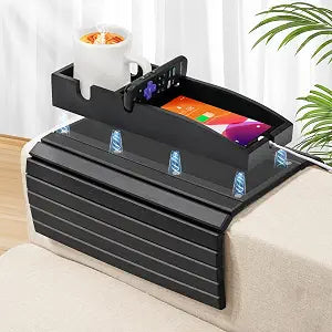 Joy&Grace Couch Cup Holder, 3-in-1 Magnetic Detachable Couch Arm Tray, Bamboo Sofa Armrest Table with Anti-Slip Pad, Sofa Armrest Tray Table (Black)