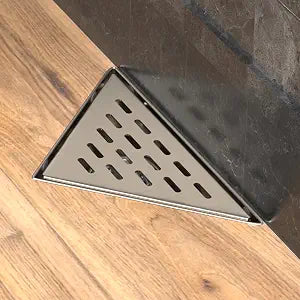 Triangle Shower Drain - Stainless Steel Triangular Shower Floor Drain with Removable Patterned Grate, Hair Strainer, Threaded Adapter (8 x 11 Inches, Brushed)