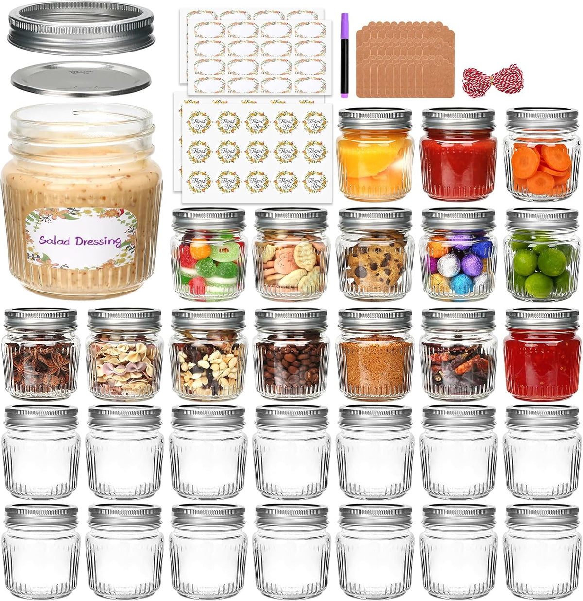 8 oz Mason Jars with Lids,30 Pcs Small Striped Glass Jars with Lids