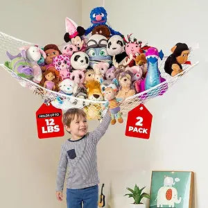 Stuffed Animal Hammock 2 Pack | Corner Stuffed Animal Storage & Plushie Net | Toy Hammock for Stuffed Animals | Holds 12lbs | Easy Hang, All Hardware Included | White Bedroom Decor | by Lilly's Love