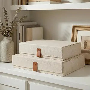 ZICOTO Decorative Photo Storage Boxes with Lids - Set of 2 Linen Organizers