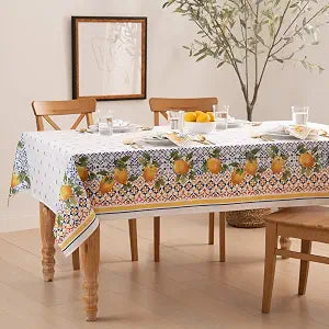 Threadmade Capri Lemon Double Border Tablecloth, Multicolor - 60"W x 102"L