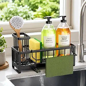HapiRm Sponge Holder for Kitchen Sink - Self-draining Sink Caddy with Brush and Dishcloth Holders, Stainless Steel Kitchen Countertop Organizers and Storage Essentials - Black