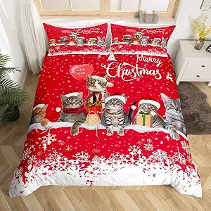 Merry Christmas Cat Bedding Set 3Pcs Full Size Children Teens