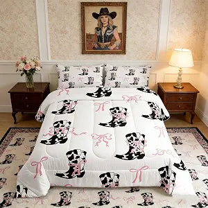 Manfei Cowgirls Comforter Set Twin Size, Pink Bow Cow Print Boots Bedding Set 2pcs, Western Cowboy Cute Bowknot Cartoon White Down Comforter, Kids Girl Woman Room Decor, 1 Pillowcase, No Sheets