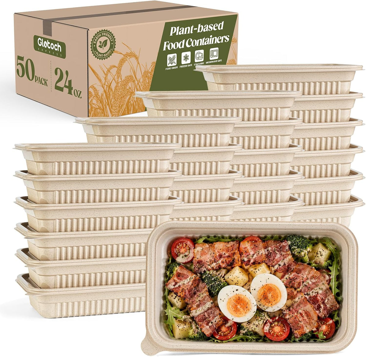 Glotoch 50 Pack(100-Piece) 24oz Meal Prep Containers with Lids Plant-based Disposable Food Containers for Salad Lunch To Go, BPA-Free Sturdy Leakproof Take Out Containers Microwave and Freezer Safe