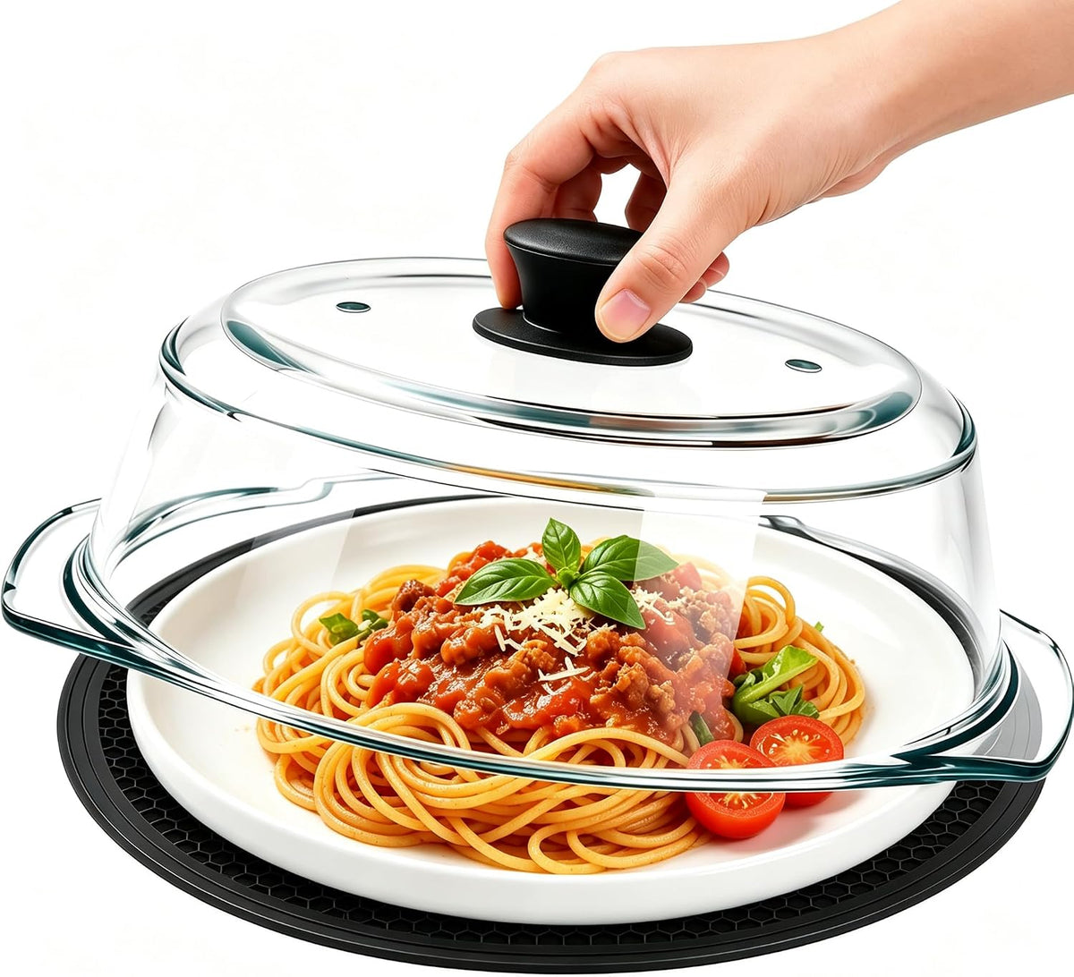 2 in 1, Tall Glass Microwave Splatter Cover with Silicone Mat, Borosilicate Glass Microwave Cover for Food with Vent Holes & Easy Grip Silicone Handle, BPA Free, Dishwasher Safe