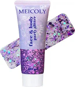MEICOLY Purple Hair Glitter Kids Makeup,Holographic Halloween Game Day Spirit Day Face Glitter,Self-Adhesive Mermaid Sequins Face Body Glitter,Chunky Glitter for Festival Rave Accessories