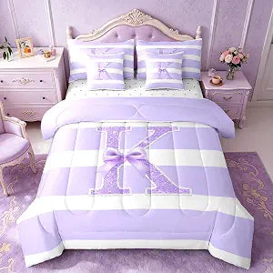 Stripe Glitter Letter K Print Comforter Set Twin Size Bow 7 Pcs Bedding