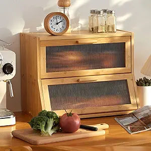 GHWIE Double Layer Bamboo Bread Box for Kitchen Counter,Large Capacity Bread Storage Bin,Bread Container with Acrylic Wavy Door Panel (Natural, Medium)