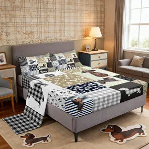 Cute Dachshund Bed Sheets Retro Watercolor Grid Stripes Rustic Style Bedding Set for Kids Boys Girls Teens Cartoon Dog Animal Paw Print Sheet Set with Flat,Fitted Sheet,2 Pillowcases Queen Size 4 Pcs