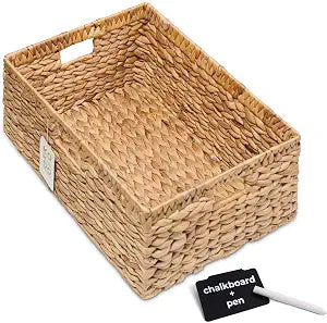 KOKODO 15L x 11W Large Rectangular Water Hyacinth Wicker Storage Basket with Handles, Metal Frame and Chalkboard Label, Handwoven Bin for Space-Saving Room Organization