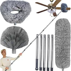 Tonmp 3 Pack 20+ Feet High Reach Grey Microfiber Feather Duster with 3-14 ft Spliceable Pole Cobweb Duster for Cleaning Fan, Spider Web, High Ceiling, Blinds, Furniture Cleaning Tool Kit, Gray