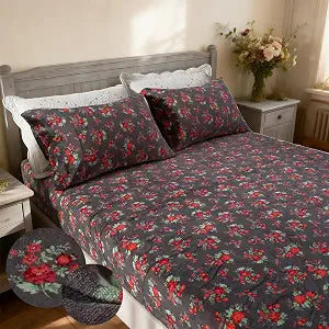 MAG 3Pcs Red Floral Queen Fleece Fitted Sheet,Flower Queen Size Velvet Bed Sheets,Super Soft Fluffy Warm for All Ages,with 1*Fitted Sheet + 2*Pillowcases.