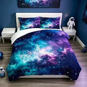 Blue Galaxy Comforter Set Twin Size Space Bedding for Kids Girls Teen Bedroom Decor Moon Cloud Starry Sky Glitter Star Quilt Bed Sets, 1 Comforter 1 Pillowcase