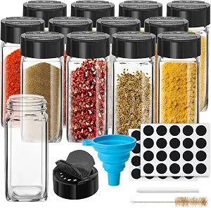 Saiveina 12 Pack Glass Spice Jars with Labels, 4oz Spices Containers Spice Jars with Black Shaker Lids, Empty Containers for Spice, Silicone Funnel and Pen Included