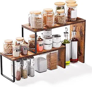 Kitchen Countertop Organizer, Spice Rack Cabinet Organizer Shelf Stackable Counter Corner Shelves Organization and Storage for Pantry, Counter top, Coffee Station Wood Rustic Brown