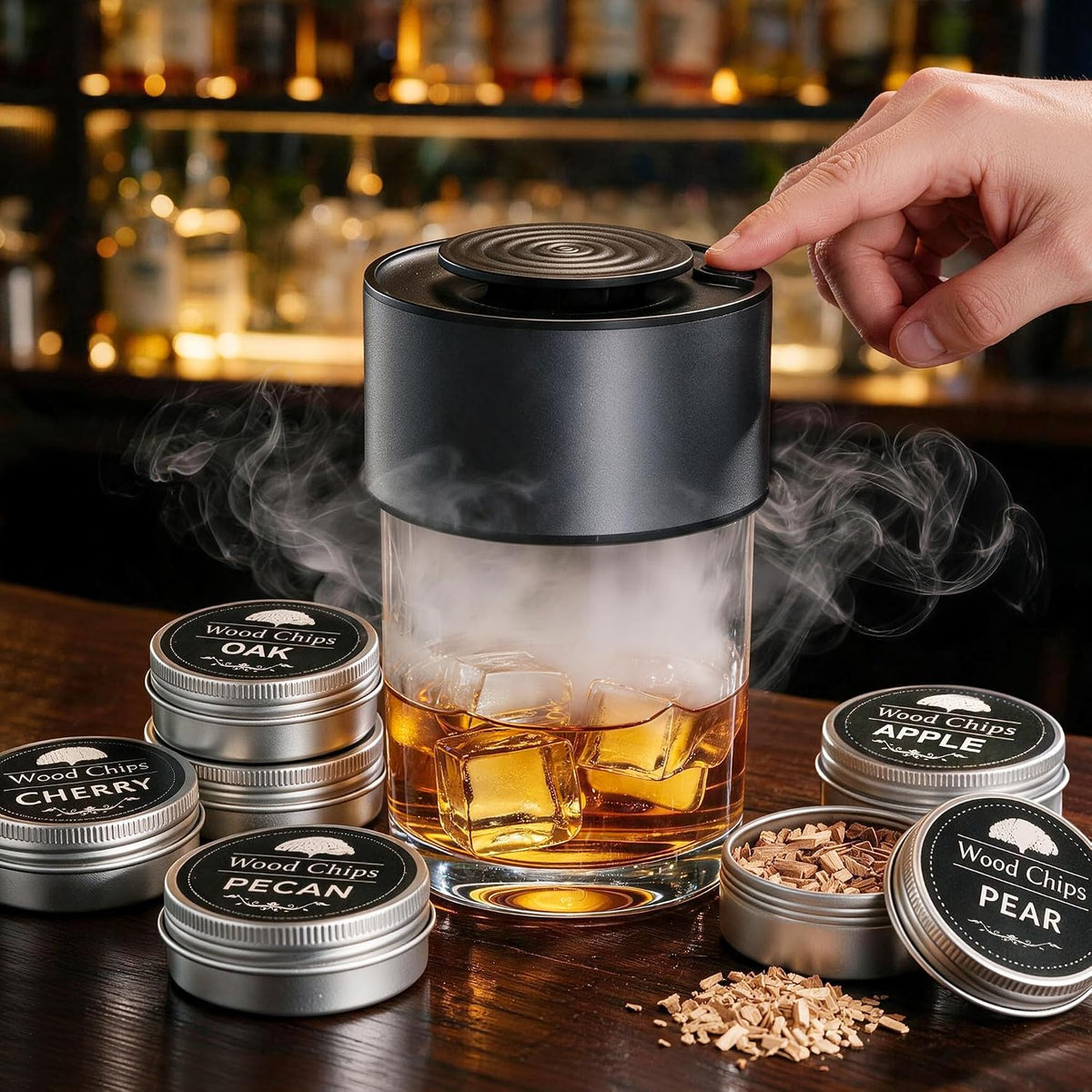 Electric Whiskey Smoker Kit, Rechargeable Bourbon Smoker Kit with 6 Flavors of Natural Wood Chips, Drink Smoker Infuser Kit Cocktail Idea Christmas Birthday Gifts for Men Husband Dad Him