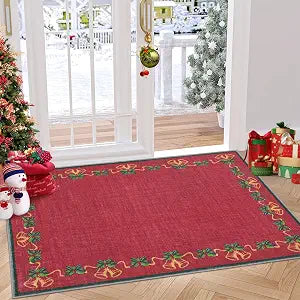 GarveeHome Christmas Area Rugs, Red 2'x3' Bells Holly Berry Ribbon Garland Traditions Throw Carpets for Living Room Bedroom Kitchen Dining Room Nursery Office