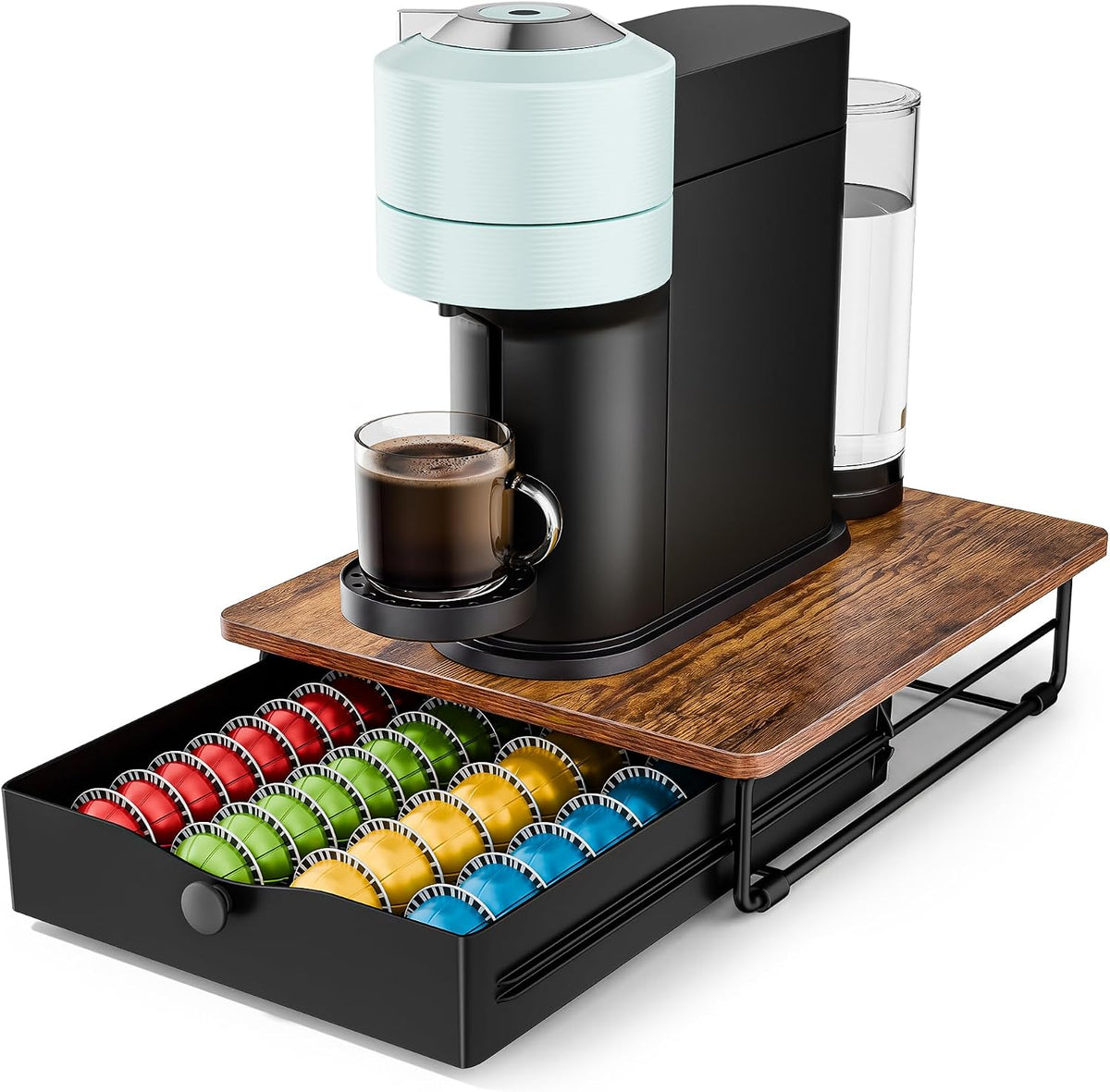 EVERIE Coffee Pod Drawer for Vertuo, Rustic Brown Wood Top, 40-52 Pods
